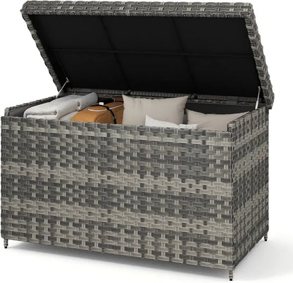 DWVO 70-Gallon All-Weather Storage Bench  Sand Beige Wicker Deck Bench with Cushion and Composite Wood Backrest