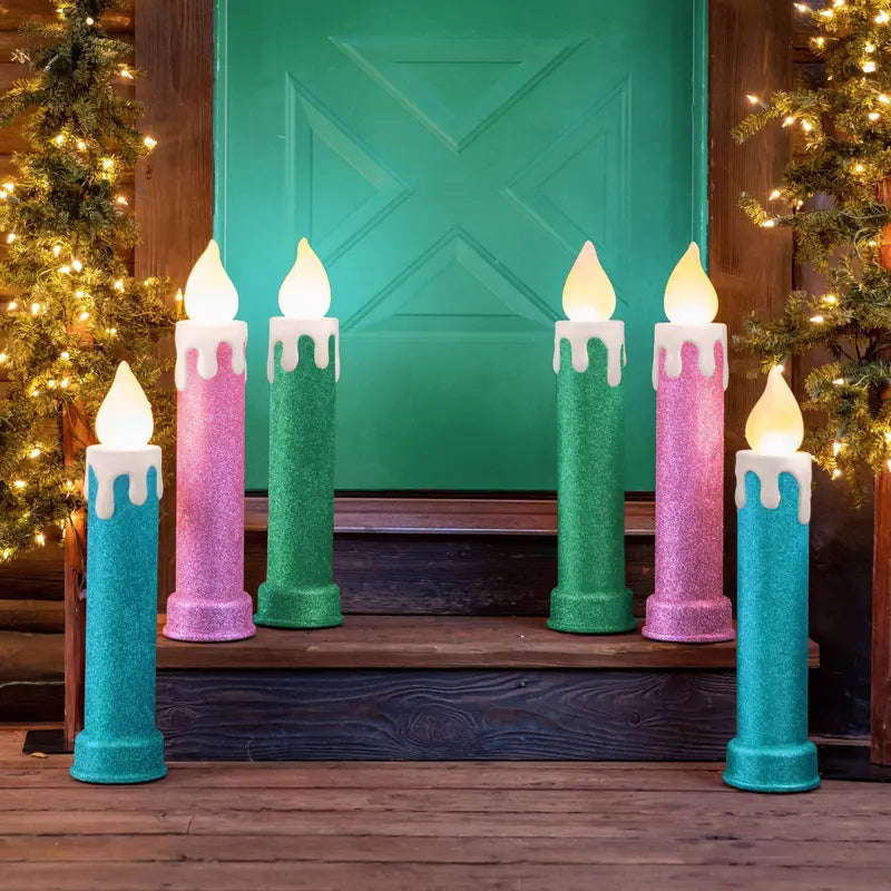 Mr. Christmas 24″ Green LED Flickering Flame Blow Mold Candles Set of 2  Indoor/Outdoor Decor
