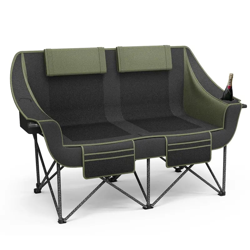 Heavy-Duty Dual-Seat Camping Loveseat  660 lb Capacity, Cup Holders & Carry Bag