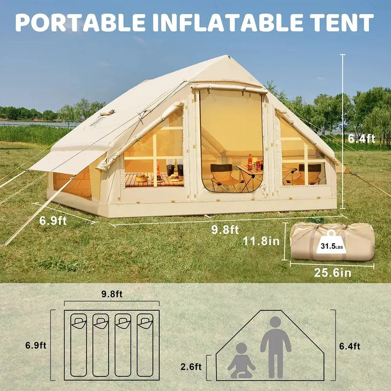 6-Person Inflatable Camping Tent  10×7 Ft Glamping Tent with Built-in Pump, Mesh Ventilation, and All-Weather Durability