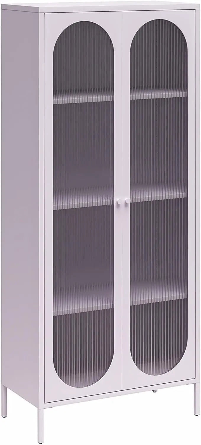 Luna Accent Cabinet in Parchment Finish: Tall Two-Door Design with Fluted Glass Panels and Elegant Detailing
