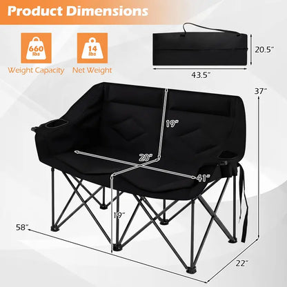 Dual-Seater Camping Chair with Cup Holders, Glass Racks & Mesh Storage