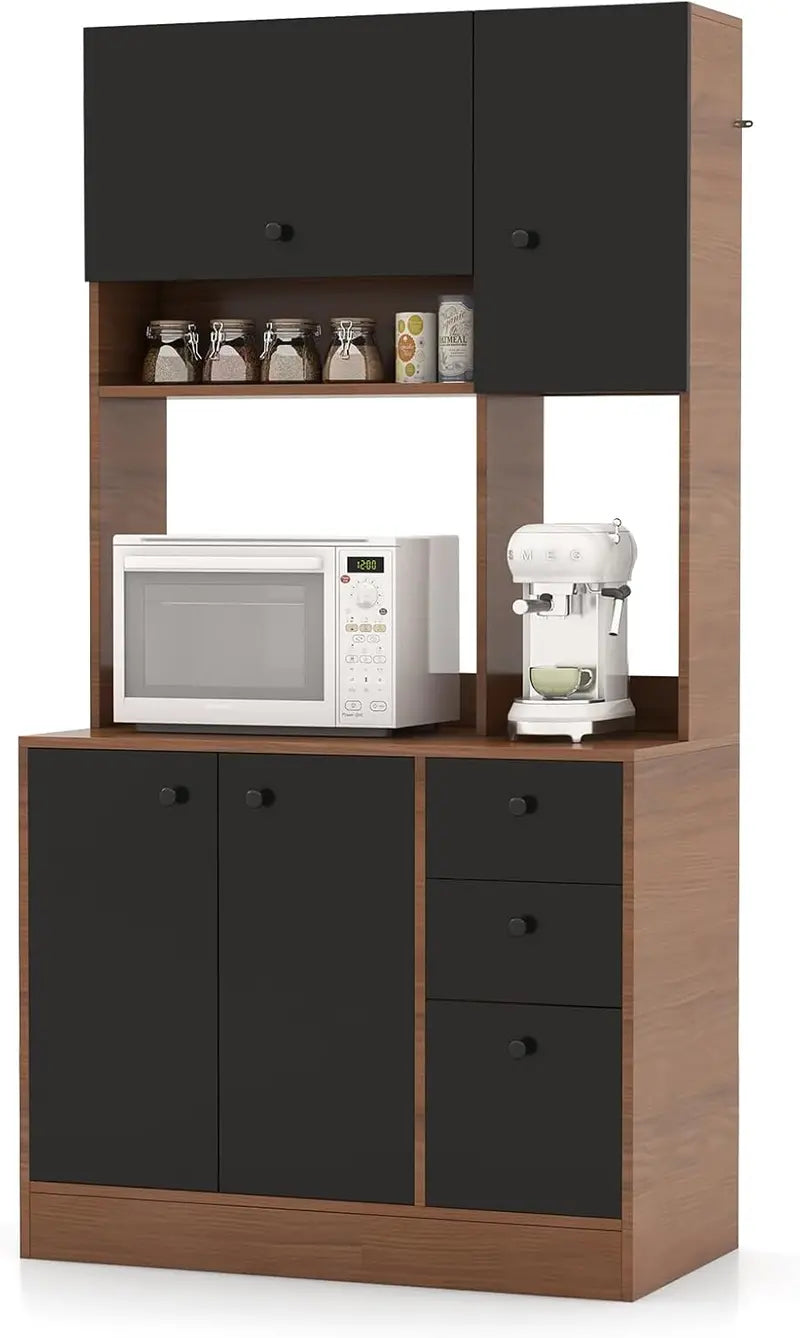 71-Inch Walnut Kitchen Pantry Hutch with Microwave Stand, Adjustable Shelving, 3 Drawers, and Spacious Countertop for Dining or Living Areas