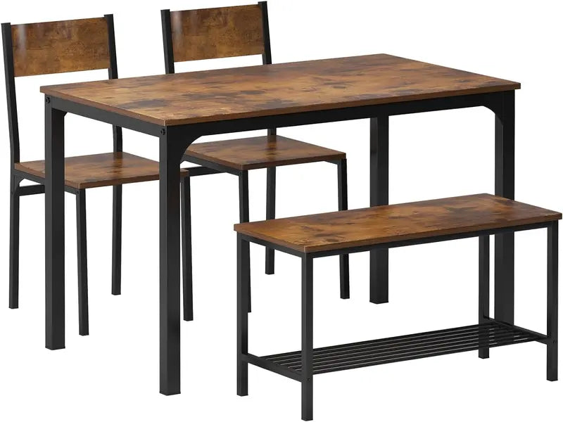 Rustic Brown Space-Saving Dining Set: Wooden Table with Metal Legs, Two Chairs, and One Bench—Designed for Kitchens, Living Rooms, and Compact Dining Areas