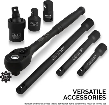 02448A 1/2-Inch Drive Impact Socket Set  65-Piece Master Kit Covering SAE (3/8″1-1/4″) and Metric (1024 mm), Includes Deep/Shallow Sockets, Adapters & Ratchet