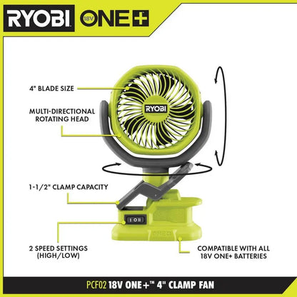 RYOBI ONE+ 18V Cordless 4 in. Clamp Fan (Tool Only) PCF02B