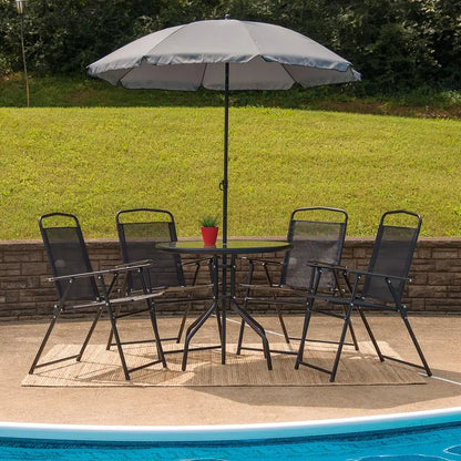 EMMA + OLIVER 6-Piece Brown Garden Patio Set  Includes Umbrella Table and Four Folding Chairs