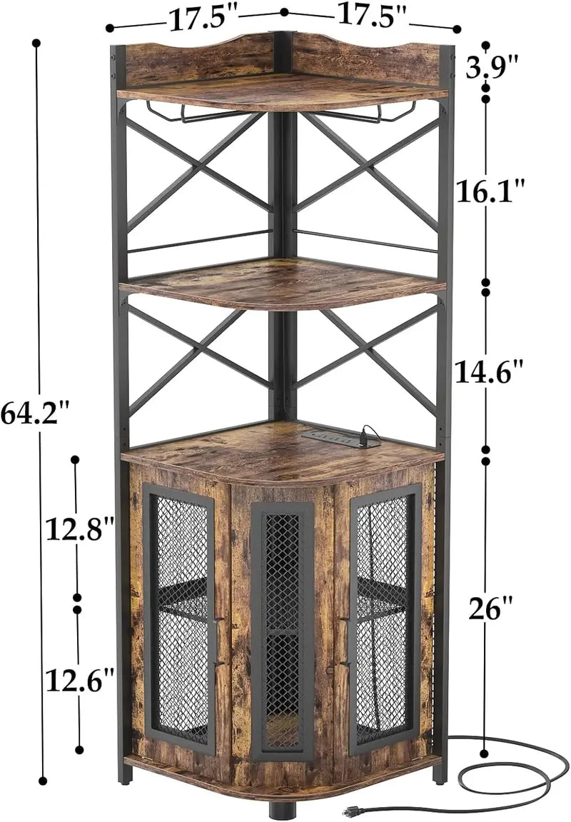 Aheaplus Industrial-Style Corner Bar Cabinet with LED Lighting, Power Outlet & Glass Rack  5-Tier White Oak Liquor Storage Unit for Compact Spaces
