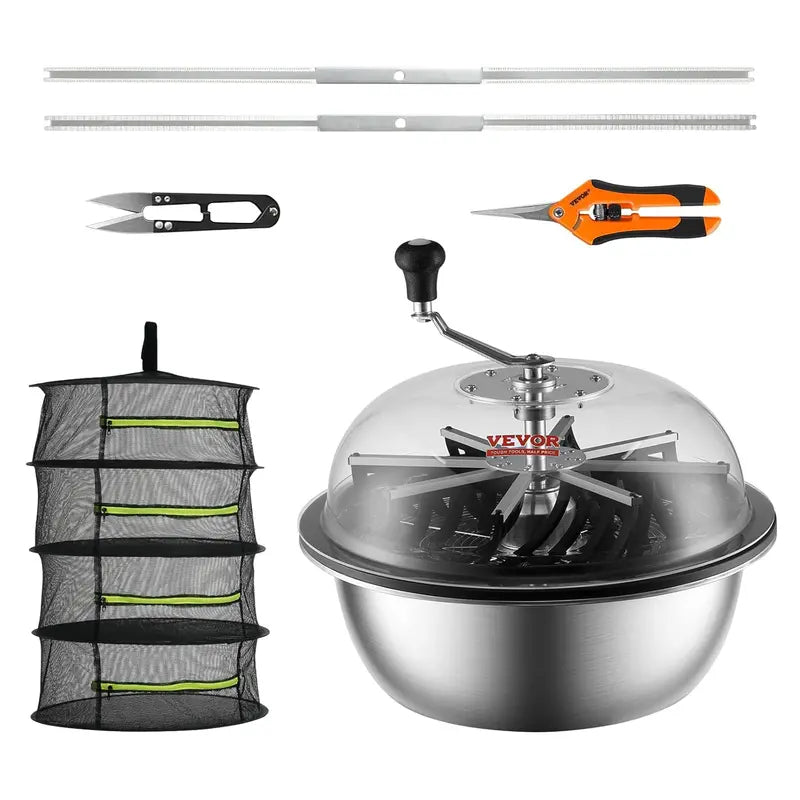 Manual Herb Trimmer Kit  16-Inch Rotary Flower & Bud Trimmer with Stainless Blades, Clear Cover & Foldable Drying Rack