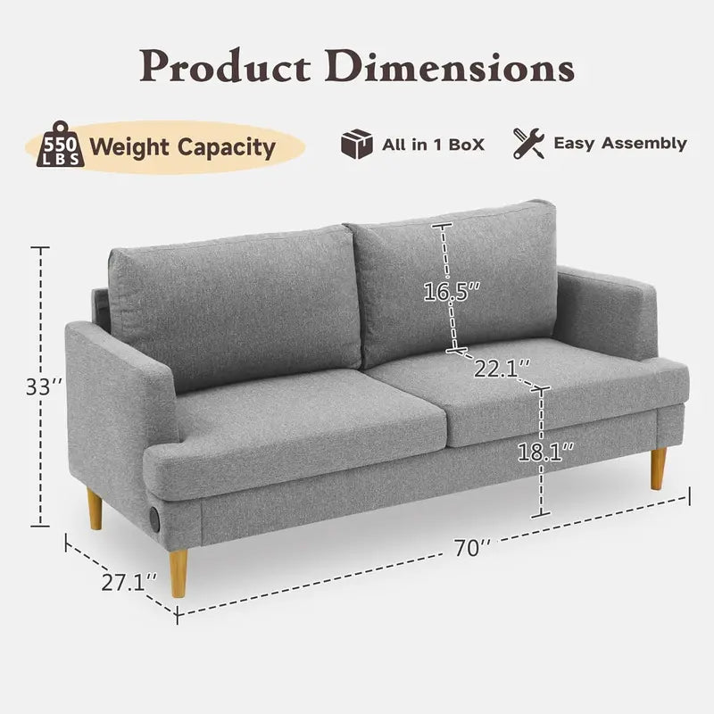 Compact Loveseat Sofa with USB-C Ports  Dark Gray Upholstered Small-Space Couch