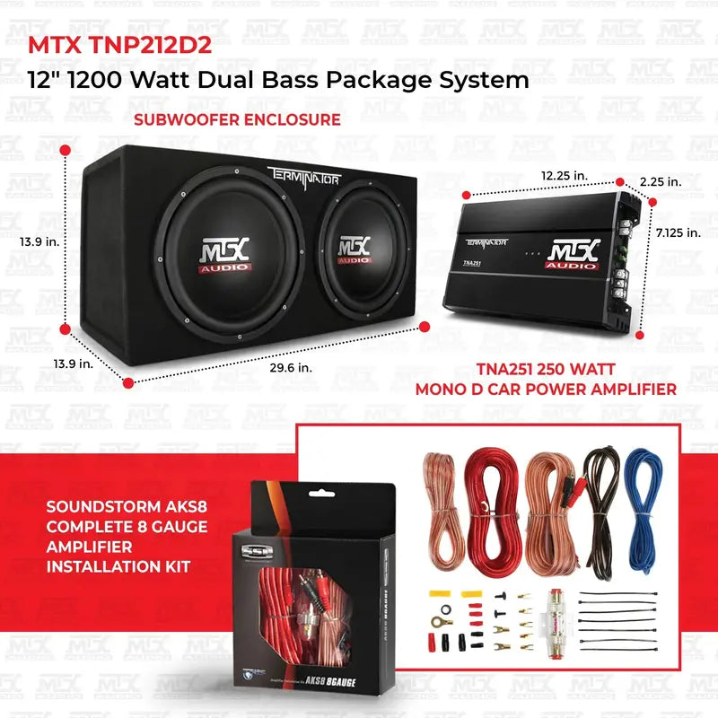 MTX TNP212D2 12″ 1200W Dual Car Subwoofer Package with Amplifier & Installation Kit