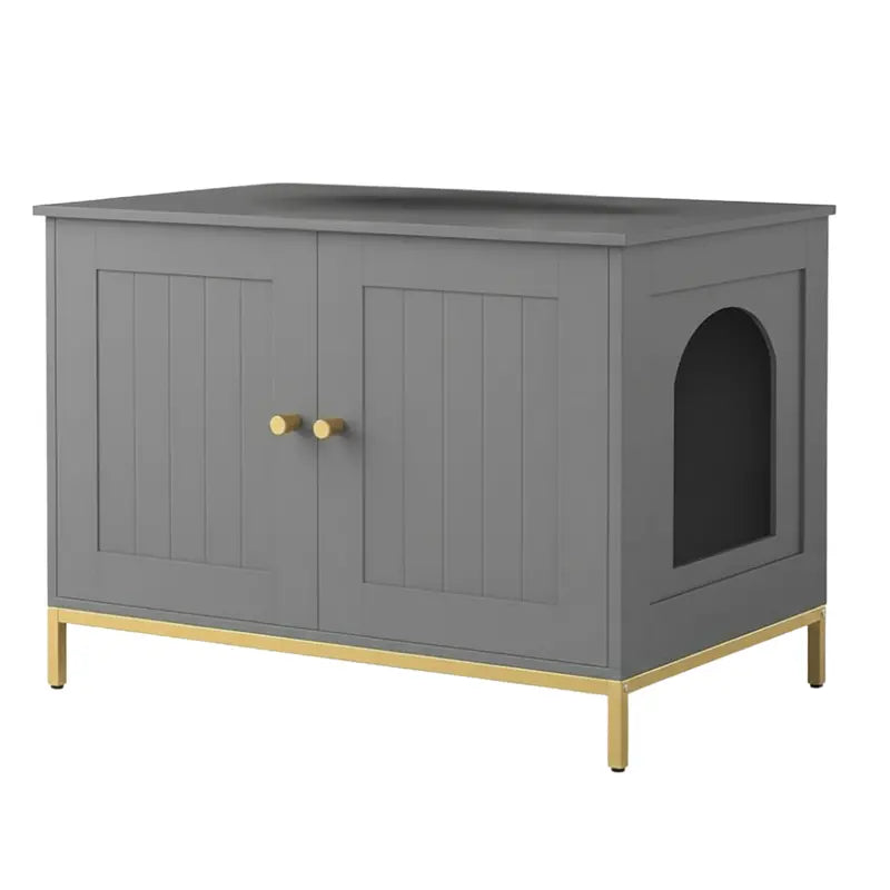 Modern Cabinet-Style Litter Box Hideaway with Metal Frame and Smooth Tabletop Surface