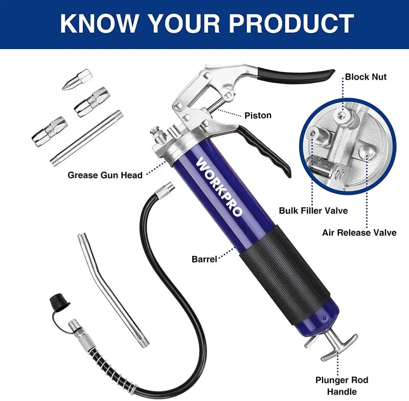 WORKPRO Pistol-Grip Grease Gun Kit  18″ Flexible Hose, 2 Fixed Tubes, 3 Nozzles, 14 oz Capacity, 4000 PSI Output