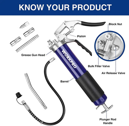 WORKPRO Pistol-Grip Grease Gun Kit  18″ Flexible Hose, 2 Fixed Tubes, 3 Nozzles, 14 oz Capacity, 4000 PSI Output