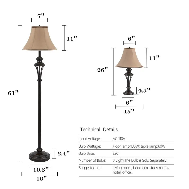 Smeike 3 Pack Vintage Style Table and Floor Lamp Set in Bronze Finish with Brown Fabric Lamp Shades