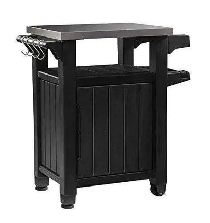 Keter Unity Stainless Steel Outdoor Table & Storage Cabinet  Dark Grey Patio Kitchen Island with Grill Accessory Hooks