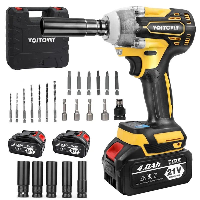 21V Brushless Cordless Impact Wrench 1/2″ with 2x 4.0Ah Batteries, 5 Sockets, 7 Drill Bits  Yellow