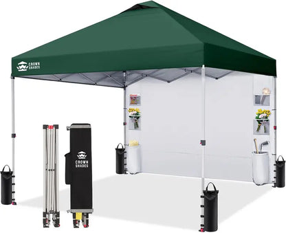 CROWN SHADES 10′ x 10′ Pop-Up Canopy: One-Touch Setup with Center-Lock Mechanism, Integrated Sidewall Pockets, and Portable Beach or Camping Shelter