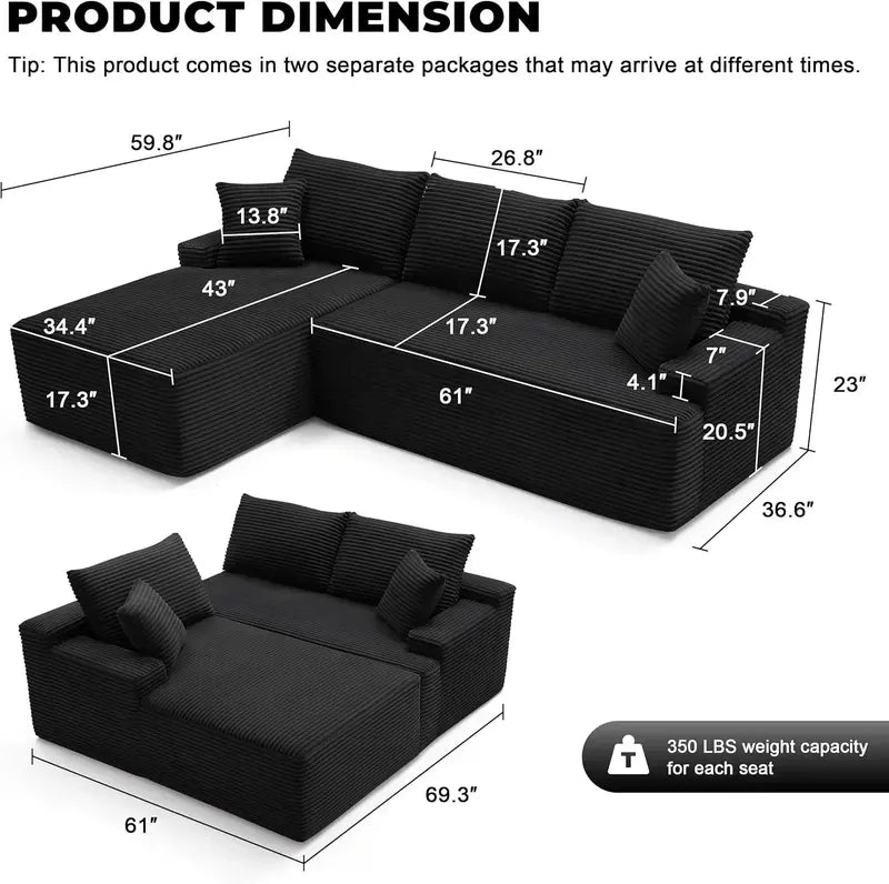 110-Inch Boneless Cloud Sofa: Ultra-Modular Living Room Lounge with Deep, Supportive Seating