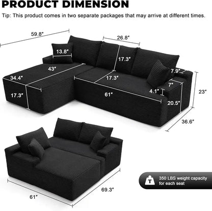 110-Inch Boneless Cloud Sofa: Ultra-Modular Living Room Lounge with Deep, Supportive Seating