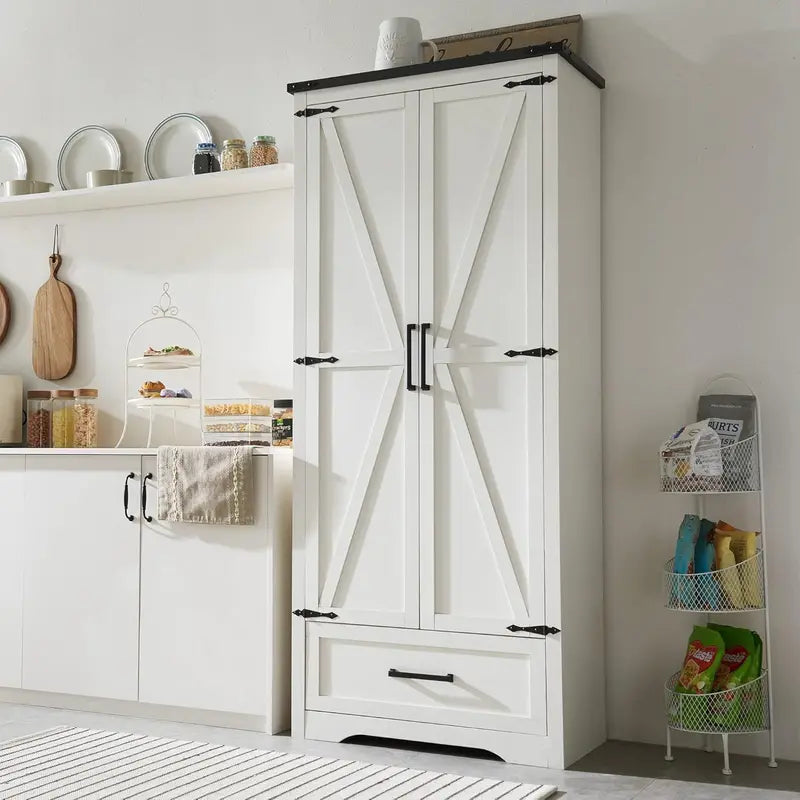 JXQTLINGMU Farmhouse Pantry Cabinet  72-Inch Tall Wood Storage Unit with Barn Doors, Drawer, and Adjustable Shelves
