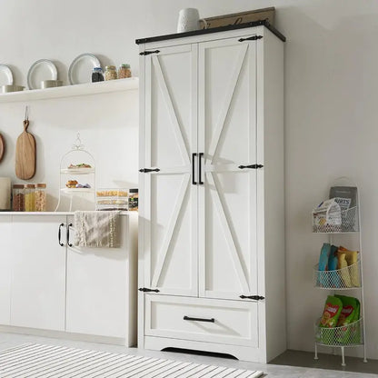 JXQTLINGMU Farmhouse Pantry Cabinet  72-Inch Tall Wood Storage Unit with Barn Doors, Drawer, and Adjustable Shelves