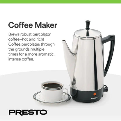 Presto 12-Cup Stainless Steel Percolator  Fast-Brewing Stovetop Coffee Maker (Silver)