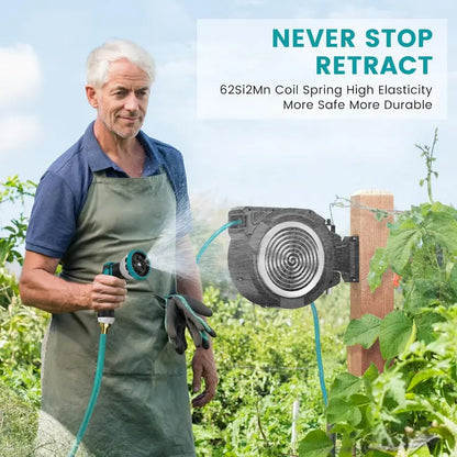 AYURA Retractable Garden Hose Reel  Adjustable Length Lock, Gentle Auto-Rewind & 10-Spray Nozzle