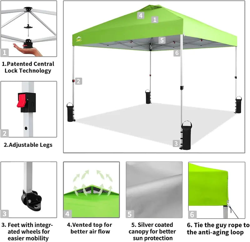 10×10 One-Touch Pop-Up Awning  Beach Sunshade Tent with Silver-Coated Canopy, 3 Height Adjustments & 4 Sand Pockets