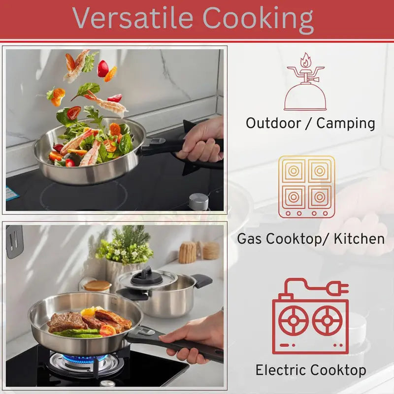 6-Piece Nesting Stainless Steel Camping Cookware with Detachable Handles