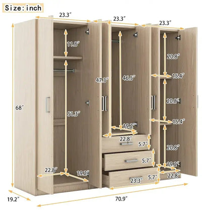 6-Door Wooden Bedroom Wardrobe  Spacious Storage Unit with 3 Large Bottom Drawers