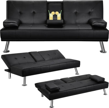Yaheetech Convertible Sofa Bed  Faux Leather Reclining Loveseat with 3-Position Adjustability & 772-Lb Weight Limit