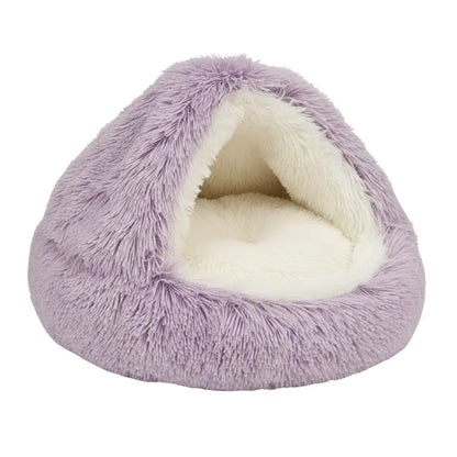 Cozy Hooded Round Pet Bed with Plush Faux Fur Cover for Cats and Small Dogs