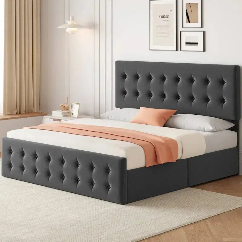 King Platform Bed Frame with Four Under-Bed Storage Drawers & Upholstered Headboard