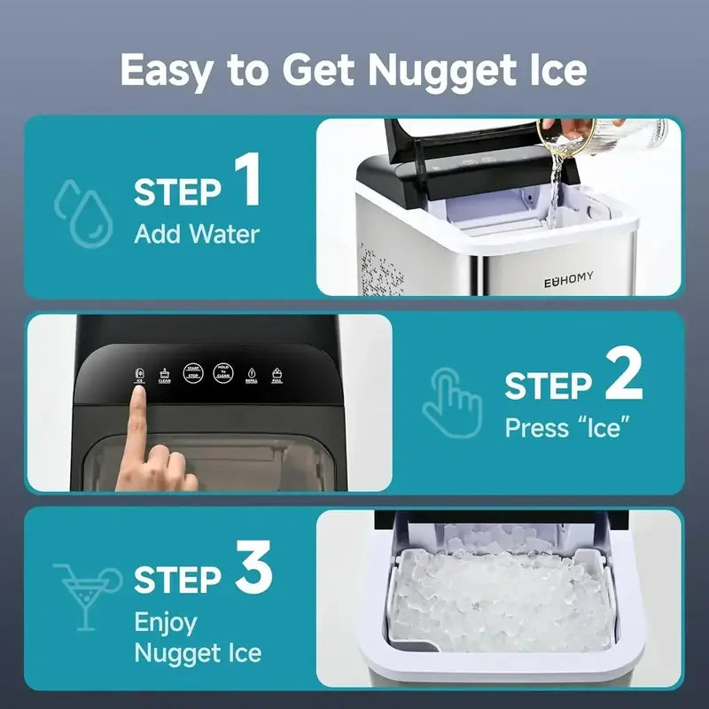 EUHOMY Countertop Nugget Ice Maker  Produces Chewable Ice in 8 Minutes with Self-Clean