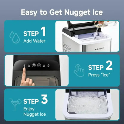 EUHOMY Countertop Nugget Ice Maker  Produces Chewable Ice in 8 Minutes with Self-Clean