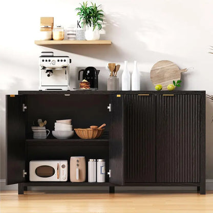 55-Inch Fluted Black Sideboard  Contemporary 4-Door Storage Cabinet with 2 Adjustable Shelves & 5 Legs