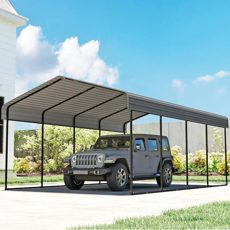 10 ft x 15 ft Reinforced Metal Carport  Weather-Resistant Outdoor Garage or Shade Structure