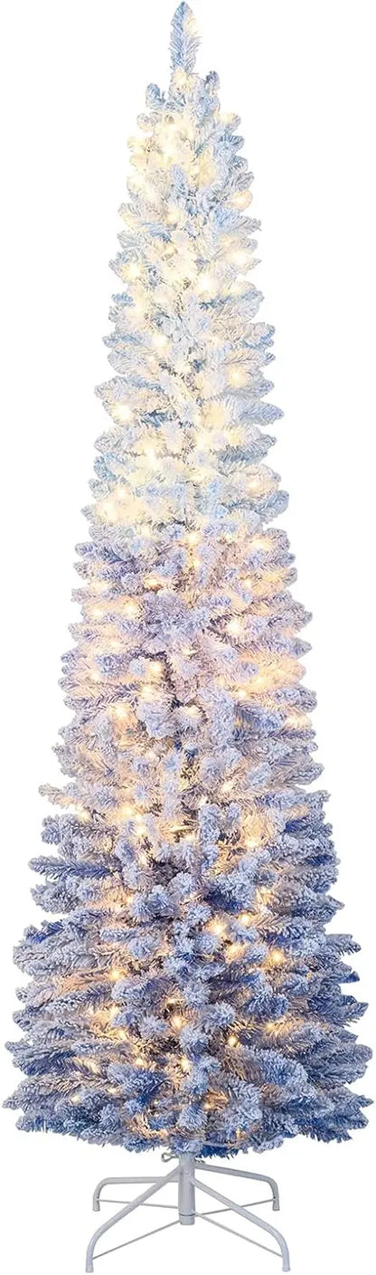 6-Foot or 7-Foot Blue Gradient Snow-Flocked Christmas Tree with Integrated Warm White LED Lighting