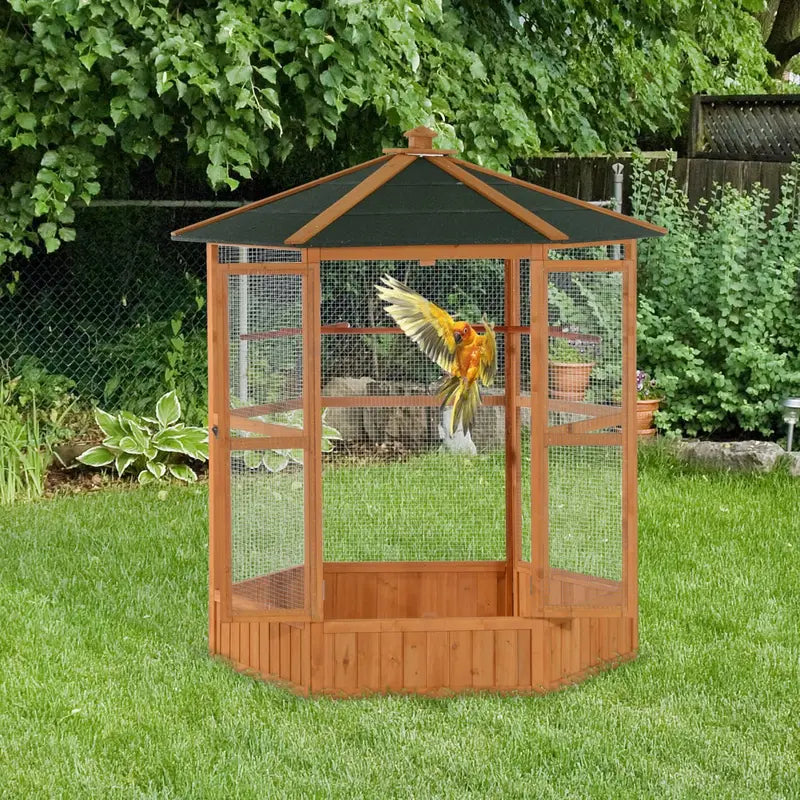 Hexagonal Wooden Outdoor Aviary Bird Cage with Covered Roof  Large