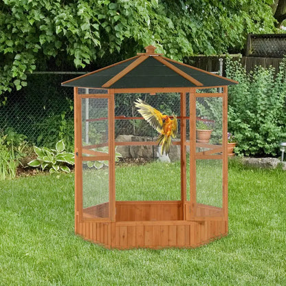 Hexagonal Wooden Outdoor Aviary Bird Cage with Covered Roof  Large