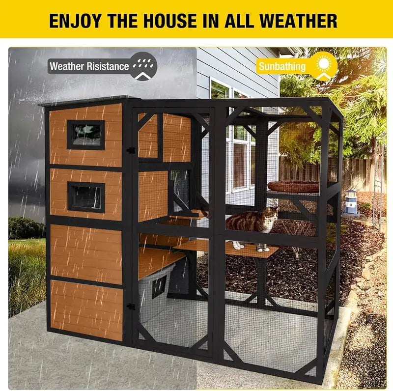 Aivituvin 4-Tier Weather-Resistant Cat Catio  70-Inch Tall x 77-Inch Long Enclosed Outdoor Play Space