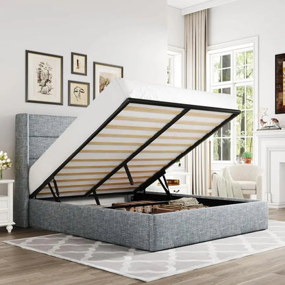 Allewie Modern Hydraulic Lift Queen Storage Bed  Wingback Headboard, Light Beige