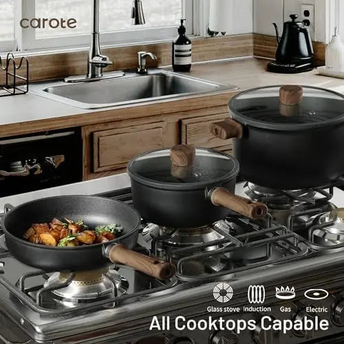 CAROTE 16pc Non-Stick Pots & Pans Set with Stay-Cool Handle  Black Induction Cookware