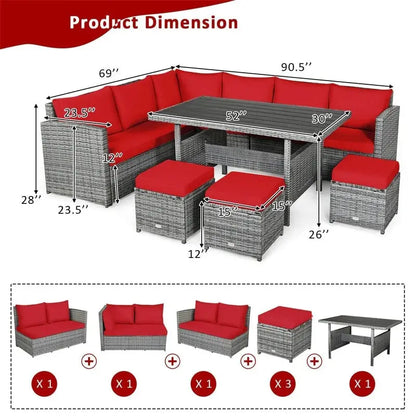 7-Piece Rattan Patio Sectional Set  Includes Dining Table, Ottomans, and Weather-Resistant Cushions