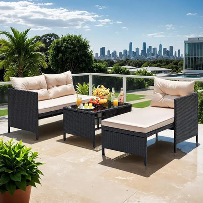 Devoko 3-Piece Beige L-Shaped Rattan Patio Sectional with All-Weather Cushions and Glass Table