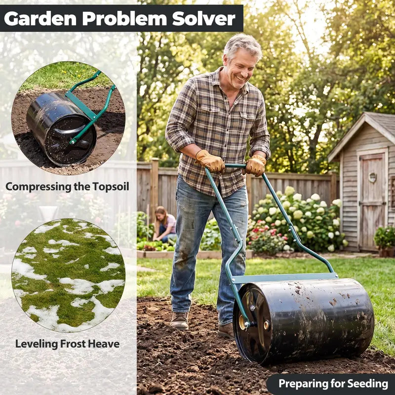 12-Gallon Lawn Roller  Water- or Sand-Filled Drum with U-Handle for Smooth Soil Compaction