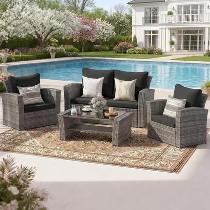 Wisteria Lane 4-Piece Navy Blue All-Weather Wicker Patio Sofa Set with Cushions and Glass Table