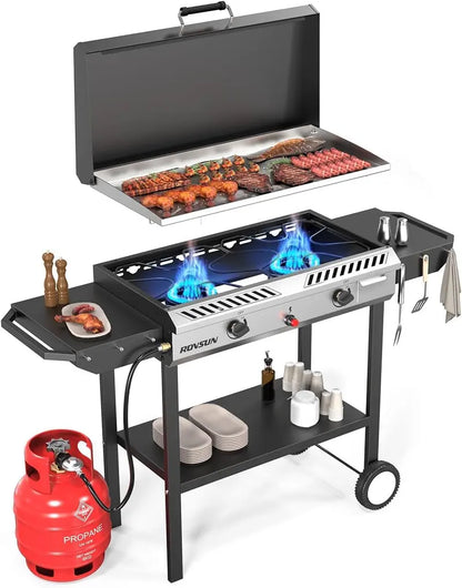 150,000 BTU Outdoor Propane Stove  2-Burner with Griddle, Auto-Ignition, Side Shelves & Regulator for Camping, Brewing & Grilling