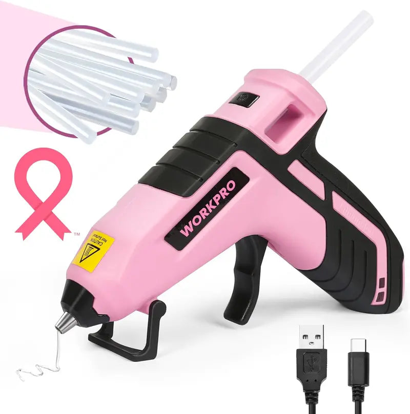 WORKPRO Enhanced 3.6V Cordless Hot Glue Gun — 20 Mini Glue Sticks, Pink Ribbon Edition